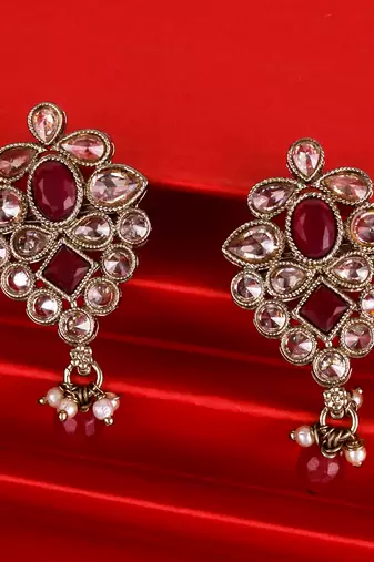 Flower design red uncut kundan stone mother of pearl antique gold plated dangle earring for women