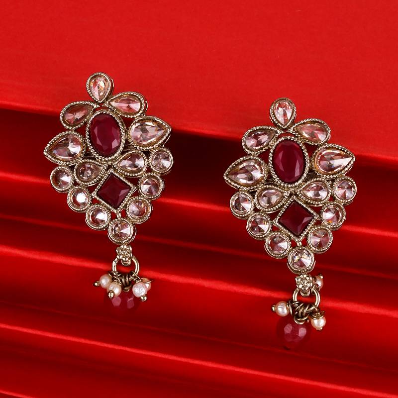 Flower design red uncut kundan stone mother of pearl antique gold plated dangle earring for women