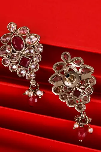 Flower design red uncut kundan stone mother of pearl antique gold plated dangle earring for women