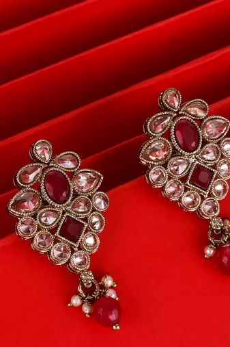 Flower design red uncut kundan stone mother of pearl antique gold plated dangle earring for women