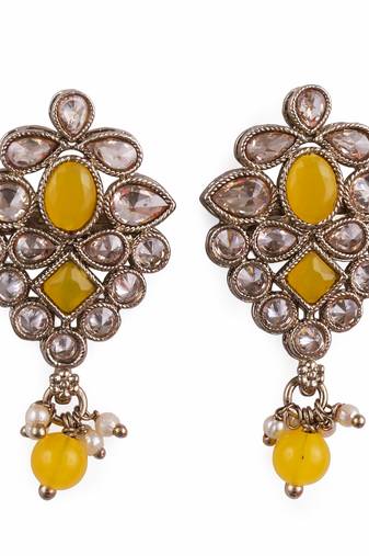Flower design yellow uncut kundan stone mother of pearl antique gold plated dangle earring for women