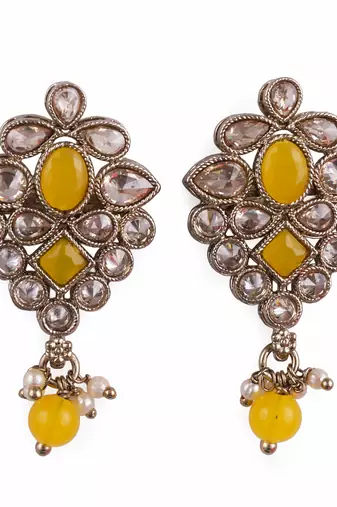 Flower design yellow uncut kundan stone mother of pearl antique gold plated dangle earring for women