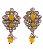 Flower design yellow uncut kundan stone mother of pearl antique gold plated dangle earring for women
