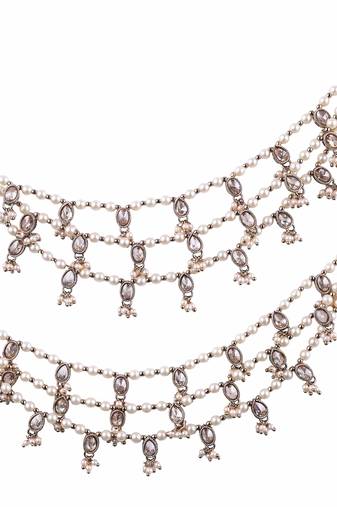 3 string white kundan stone pearl antique gold plated set of 2 ear-chain (kaanchain) for women