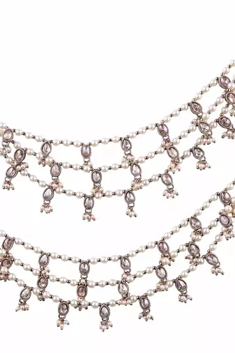 3 string white kundan stone pearl antique gold plated set of 2 ear-chain (kaanchain) for women