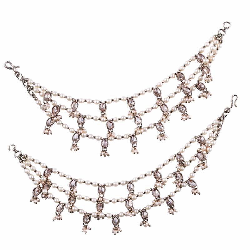 3 string white kundan stone pearl antique gold plated set of 2 ear-chain (kaanchain) for women