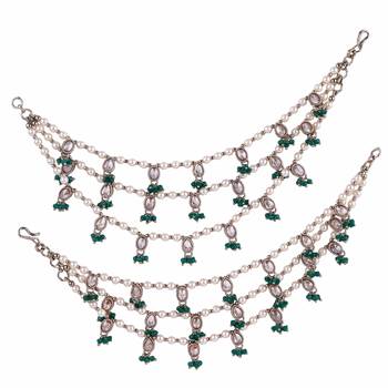 3 string green kundan stone pearl antique gold plated set of 2 ear-chain (kaanchain) for women 1