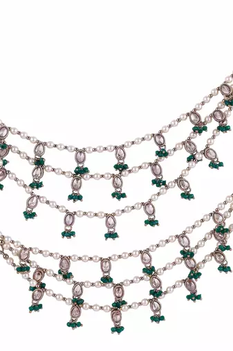 3 string green kundan stone pearl antique gold plated set of 2 ear-chain (kaanchain) for women