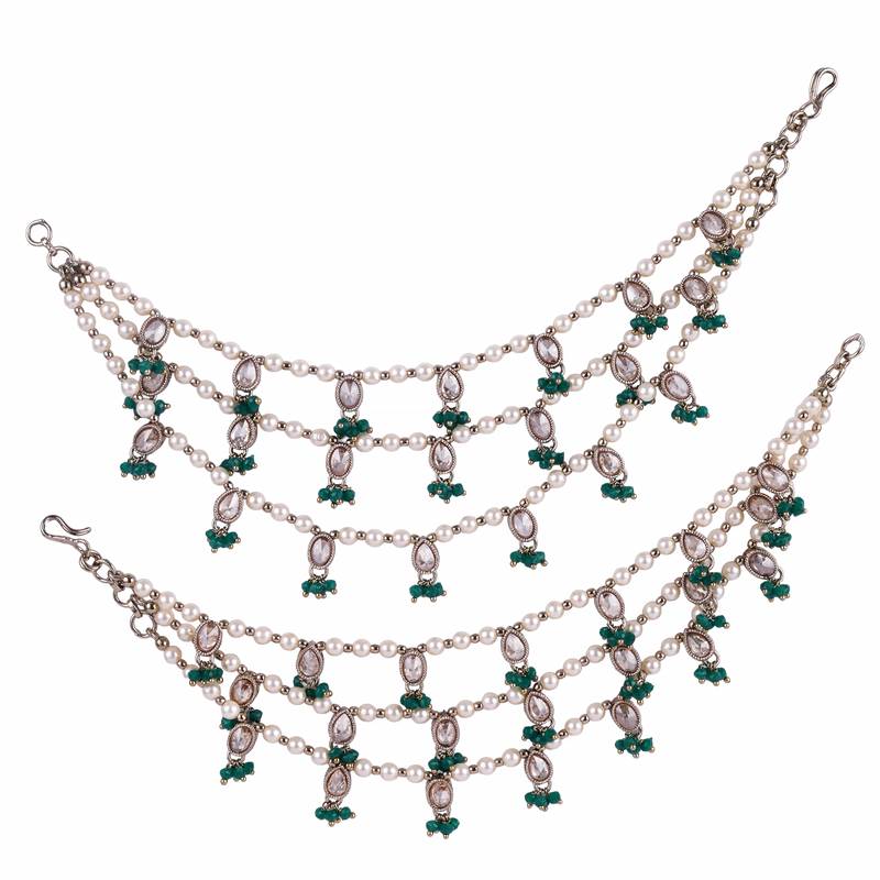 3 string green kundan stone pearl antique gold plated set of 2 ear-chain (kaanchain) for women