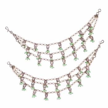 3 string light green kundan stone pearl antique gold plated set of 2 ear-chain (kaanchain) for women 1