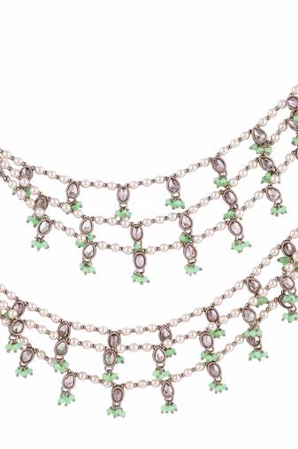 3 string light green kundan stone pearl antique gold plated set of 2 ear-chain (kaanchain) for women