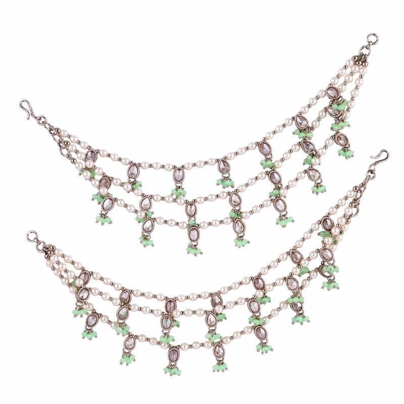 3 string light green kundan stone pearl antique gold plated set of 2 ear-chain (kaanchain) for women