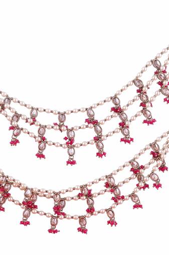 3 string red kundan stone pearl antique gold plated set of 2 ear-chain (kaanchain) for women