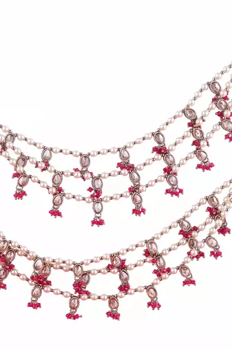 3 string red kundan stone pearl antique gold plated set of 2 ear-chain (kaanchain) for women