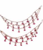 3 string red kundan stone pearl antique gold plated set of 2 ear-chain (kaanchain) for women