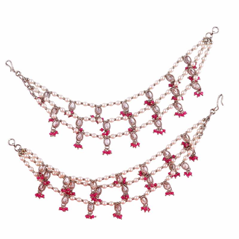 3 string red kundan stone pearl antique gold plated set of 2 ear-chain (kaanchain) for women