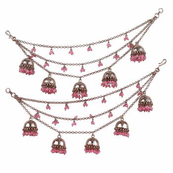 pink brass ear chain with latkan jhumki and pearl work 1