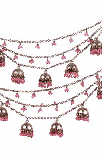 Latkan jhumki pink pearl 3 string antique gold plated set of 2 brass ear-chain (kaanchain) for women