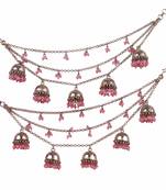 Latkan jhumki pink pearl 3 string antique gold plated set of 2 brass ear-chain (kaanchain) for women