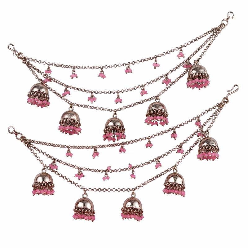 Latkan jhumki pink pearl 3 string antique gold plated set of 2 brass ear-chain (kaanchain) for women