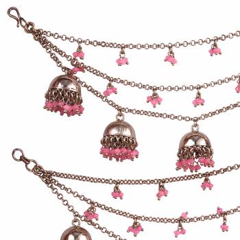 pink brass ear chain with latkan jhumki and pearl work 2
