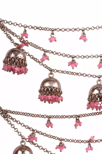 pink brass ear chain with latkan jhumki and pearl work