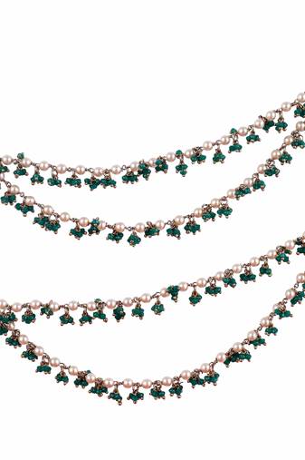 Mother of pearl green 2 string antique gold plated set of 2 brass ear-chain (kaanchain) for women