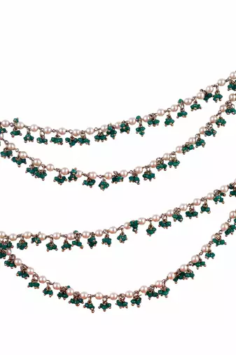 Mother of pearl green 2 string antique gold plated set of 2 brass ear-chain (kaanchain) for women