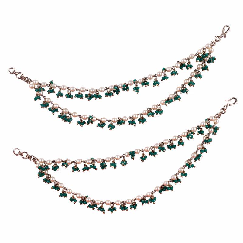 Mother of pearl green 2 string antique gold plated set of 2 brass ear-chain (kaanchain) for women