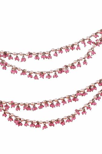 Mother of pearl pink 2 string antique gold plated set of 2 brass ear-chain (kaanchain) for women