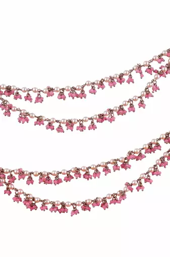 Mother of pearl pink 2 string antique gold plated set of 2 brass ear-chain (kaanchain) for women