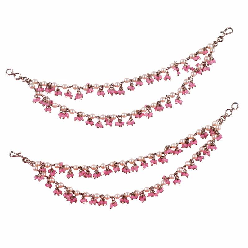 Mother of pearl pink 2 string antique gold plated set of 2 brass ear-chain (kaanchain) for women