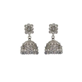 Beautiful pear and flower shape grey uncut kundan stone silver plated jhumki earring for women 1