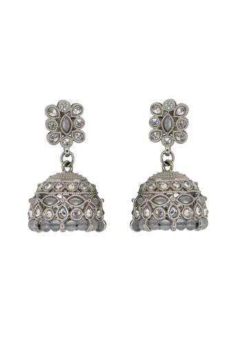 Beautiful pear and flower shape grey uncut kundan stone silver plated jhumki earring for women