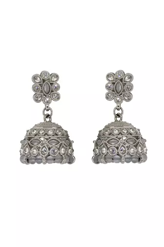 Beautiful pear and flower shape grey uncut kundan stone silver plated jhumki earring for women