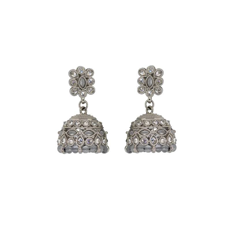 Beautiful pear and flower shape grey uncut kundan stone silver plated jhumki earring for women