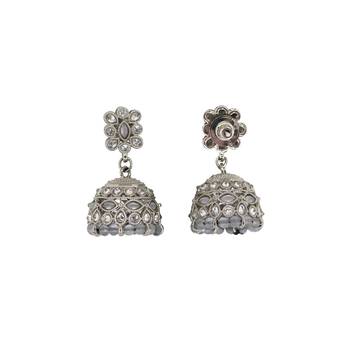 Beautiful pear and flower shape grey uncut kundan stone silver plated jhumki earring for women 2