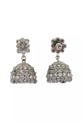 Beautiful pear and flower shape grey uncut kundan stone silver plated jhumki earring for women