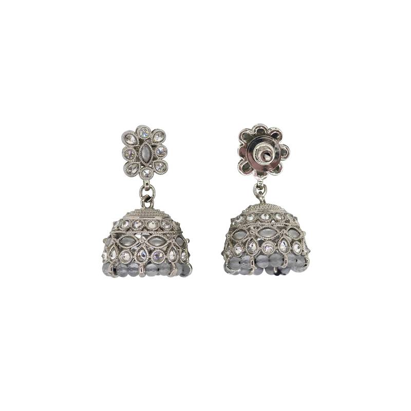 Beautiful pear and flower shape grey uncut kundan stone silver plated jhumki earring for women