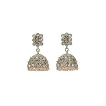 Brilliant pear and flower shape peach uncut kundan stone silver plated jhumki earring for women 1