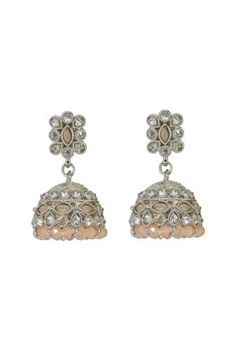Brilliant pear and flower shape peach uncut kundan stone silver plated jhumki earring for women