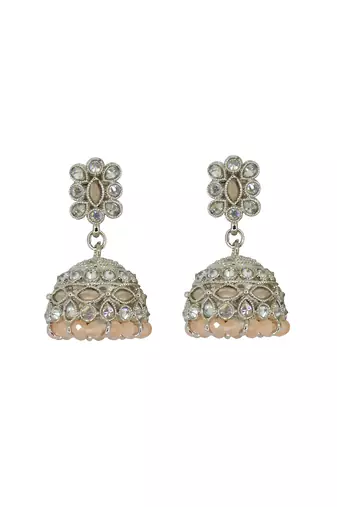 Brilliant pear and flower shape peach uncut kundan stone silver plated jhumki earring for women
