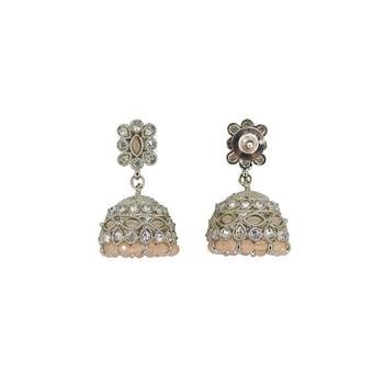 Brilliant pear and flower shape peach uncut kundan stone silver plated jhumki earring for women 2