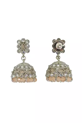 Brilliant pear and flower shape peach uncut kundan stone silver plated jhumki earring for women