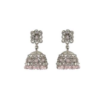 Charming pear and flower shape pink uncut kundan stone silver plated jhumki earring for women 1