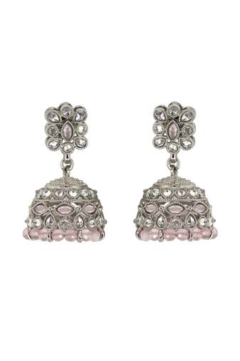 Charming pear and flower shape pink uncut kundan stone silver plated jhumki earring for women
