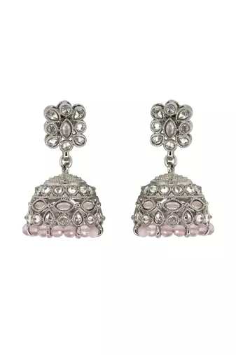 Charming pear and flower shape pink uncut kundan stone silver plated jhumki earring for women