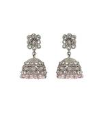 Charming pear and flower shape pink uncut kundan stone silver plated jhumki earring for women