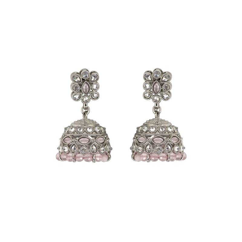 Charming pear and flower shape pink uncut kundan stone silver plated jhumki earring for women