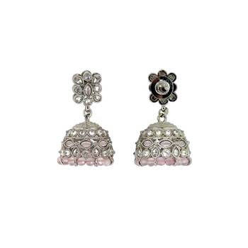 Charming pear and flower shape pink uncut kundan stone silver plated jhumki earring for women 2